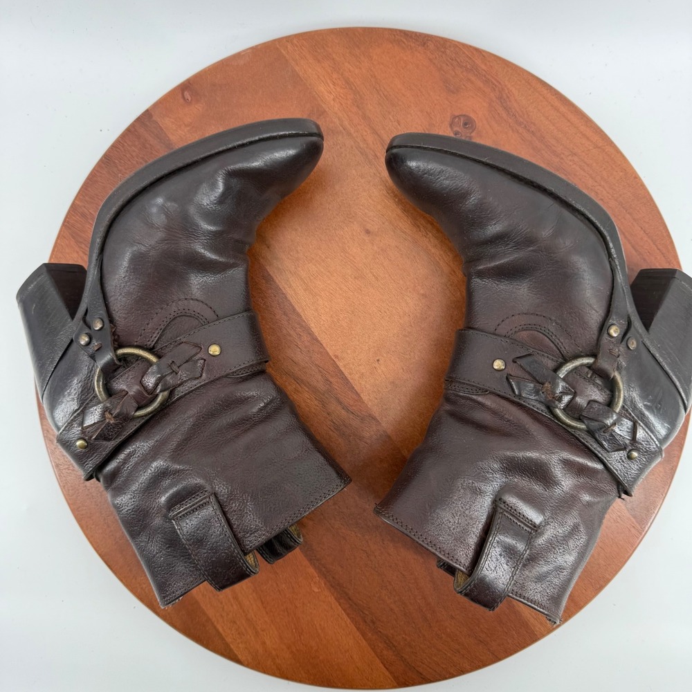 Frye Harness 4001 Ankle Boots Dark Brown Leather Moto Biker Resoled Women 6B - Picture 11 of 14